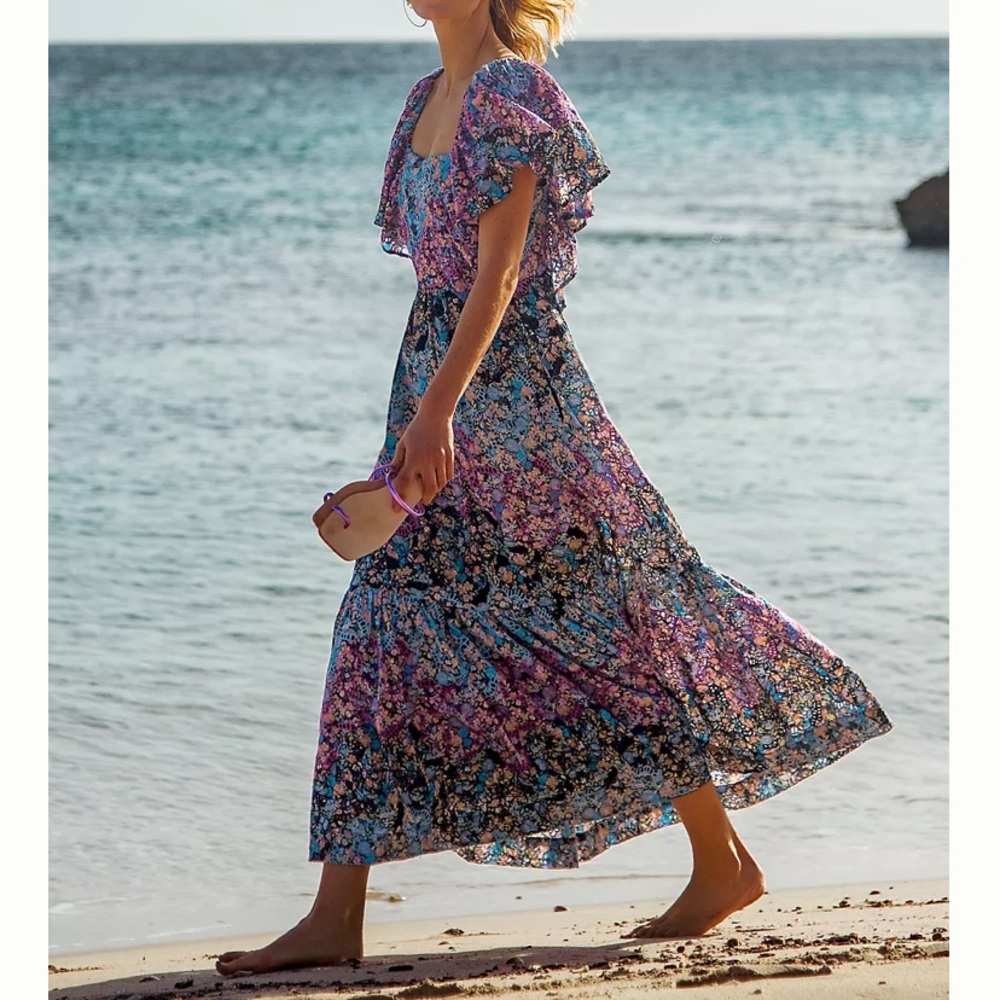 Anthro Clementina Eyelet Maxi Dress multicolored cape sleeve square neck maxi